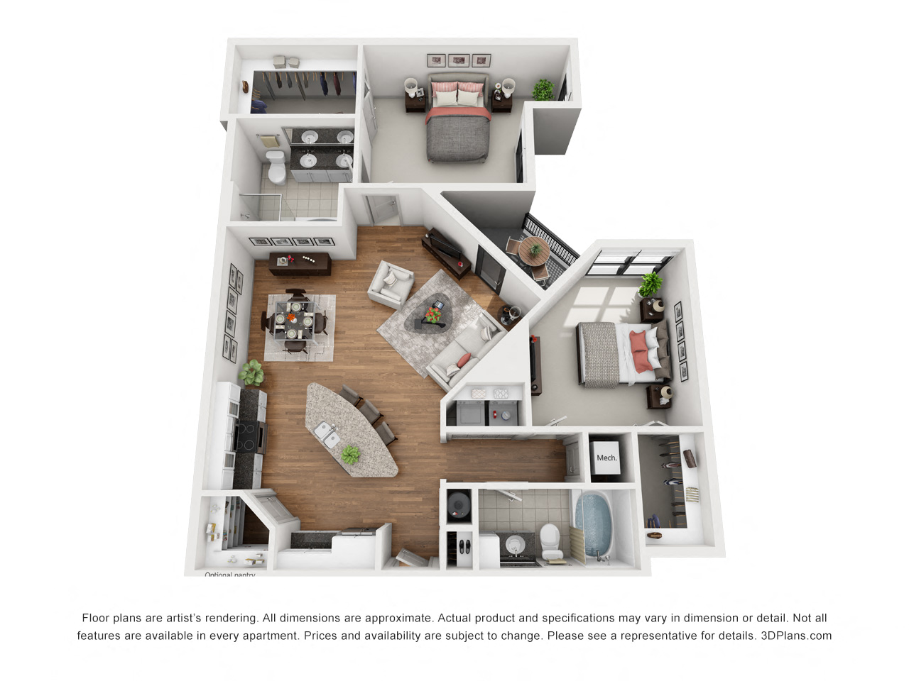Floor plan for 2 beds, 2 baths, 1265 sqft